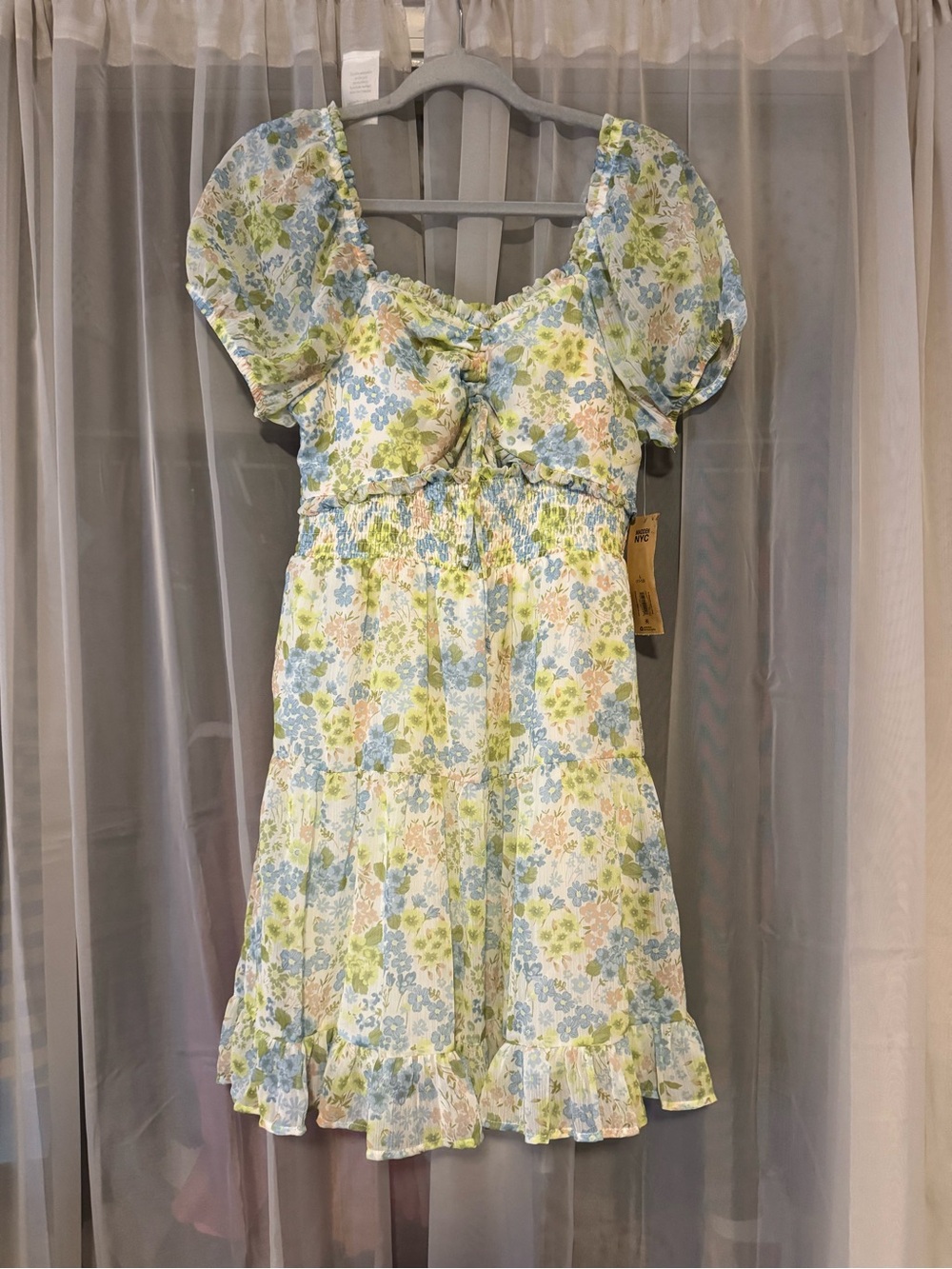 Madden NYC Floral Puff-Sleeve Women’s Dress in Blue & Green